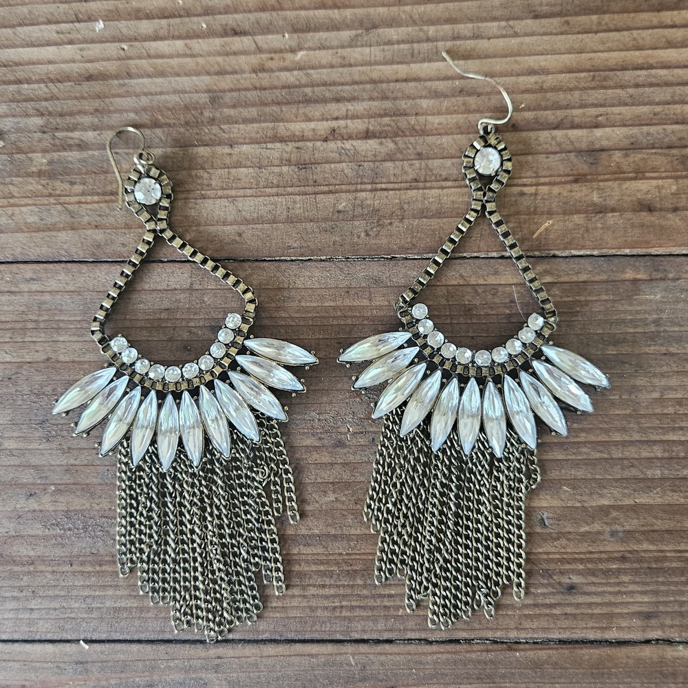 Vtg Y2K Chandelier Rhinestone Chain Tassel Earrings 4" Long Mob Wife